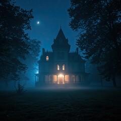 Mysterious Victorian Mansion Illuminated at Night in a Foggy Forest Setting