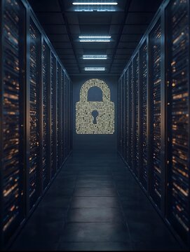 Conceptual visualisation of cybersecurity with glowing padlock in dark server room