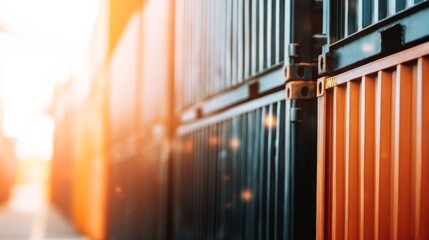 Interconnected shipping containers in dark blue and orange hues with visible ridges, bolted connections,