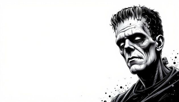 A black and white illustration of the Frankenstein monster, portrayed with a stern expression