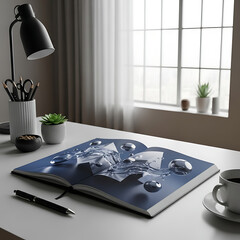 Open Book with Abstract Water Splashes and Metallic Spheres on Desk