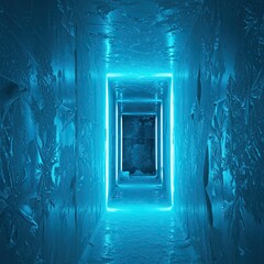 Neon Blue Glowing Rectangular Tunnel Corridor Futuristic Sci Fi Digital Art Abstract Background Light Bright Glowing Walls Space Empty Modern