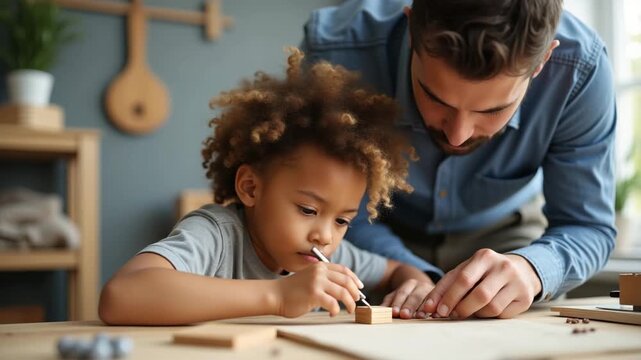 Father instructing young child building wooden model indoors using precise tools fostering creative skills educational family activity high resolution stock image in  Photo Stock  Concept  and empty s