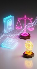 Neon Glow Law and Education Concept: Digital Scales of Justice Award Book Pixel Art 3D Render