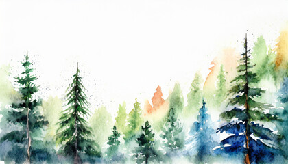 Watercolor illustration of coniferous woodland with mist, green fir and pine trees, natural. Nature