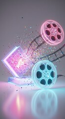 Neon Pink and Blue Pixelated Film Reels and Laptop Exploding with Colorful Particles on a Light Gray Reflective Surface