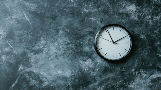 A black clock with white face and black hands on a blue wall.