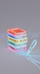 Neon Pixel Art Books and Pen Stack on Light Grey Background Digital Illustration Education Knowledge Learning Concept