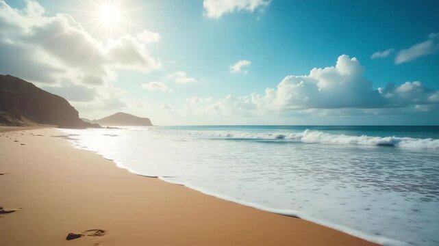 Editorial photograph of smooth wet sand patterns and rolling surf under a dramatic sky, showcasing rhythmic waves shaping the shoreline in a scenic beach seascape, with empty space on the left.