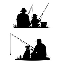 Father and child fishing together with a dog in a silhouette style isolated on transparent background