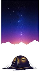 Night Camping Scene Under a Starry Sky Illuminated Tent in Mountain Range at Night Purple and Blue Hues