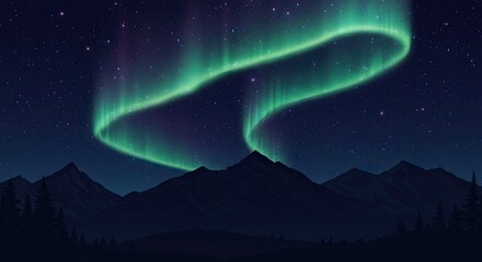Night Sky Aurora Borealis Display over Silhouetted Mountains: A Stunning Celestial Event in a Dark and Starry Night Landscape