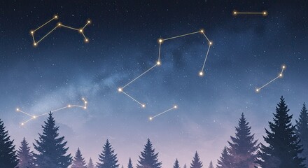 Night Sky Constellation Above a Silhouetted Pine Forest: A Serene Celestial Landscape Featuring a Detailed Star Map with Golden Stars, a Dark Blue