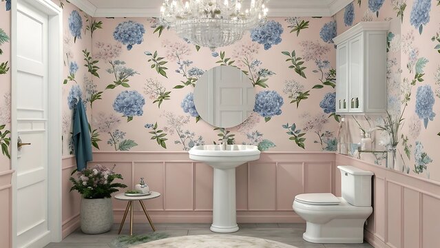 Fototapeta AI generated image of vintage botanical floral wallpaper in a modern elegant bathroom interior — romantic chintz powder room