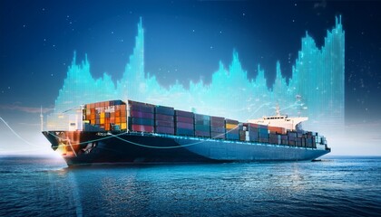 futuristic cargo ship concept with data visualization and financial graphs symbolizing global trade and economy