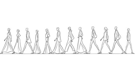 A detailed intricate black and white line art silhouette of a row of stylized abstract human figures standing side by side isolated on transparent background