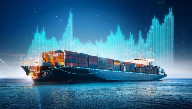 futuristic cargo ship concept with data visualization and financial graphs symbolizing global trade and economy
