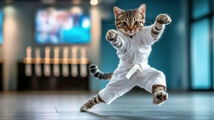 A tabby cat performing a high-flying kick in a cyberpunk dojo, wearing neon-lit martial arts gear