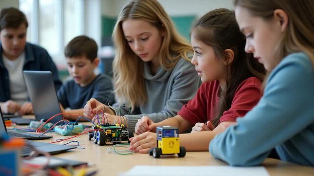 Teenage Students Collaborating on Robotics Project in School Maker Space: STEM Learning with Electronics and Laptops - Professional Stock Image with Empty Space
