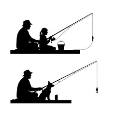 Father and daughter fishing together on a wooden pier casting lines into the water with a bucket and a dog sitting patiently silhouette isolated on transparent background