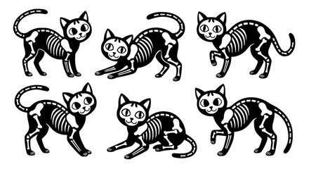 Obraz premium Collection of six playful black cat skeletons in various poses as a spooky halloween illustration silhouette isolated on transparent background