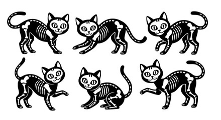Collection of six playful black cat skeletons in various poses as a spooky halloween illustration silhouette isolated on transparent background