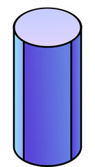 A clean and simple vector graphic of a three-dimensional blue cylinder. This basic geometric shape is isolated on a white background for design purposes