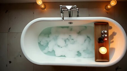 overhead view of clawfoot tub filled with swirling foam and essential oil bottles on wooden tray next to soft candlelight illustrating relaxing bath before bed in Photo Stock Concept and empty spac - Powered by Adobe