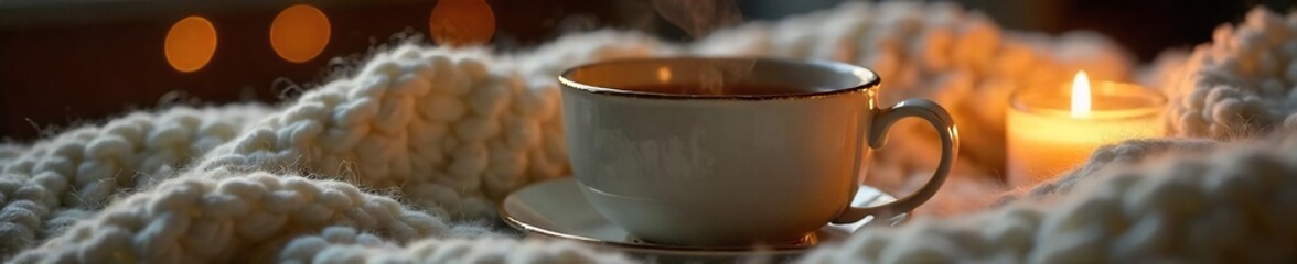 Close-up of a steaming mug of herbal tea on a cozy knitted blanket, next to a lit candle and soft lighting creating a warm, inviting atmosphere perfect for relaxation , home, heat