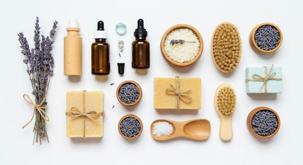 Organic Lavender and Oat Skincare Products Flat Lay Photography on White Background Featuring Handmade Soap Bars Essential Oils Dried Lavender and