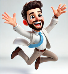 A 3D-rendered cartoon-style character of a joyful businessman with a neatly trimmed beard and slicked-back dark hair