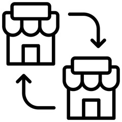 Franchise Network Outline Icon Design Vector - Shops connected by arrows, representing franchise system and retail expansion