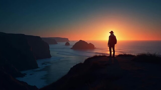 Silhouette of lone traveler standing on coastal bluff watching light over horizon break night sky at solstice dawn in high?resolution stock image in  Photo Stock  Concept  and empty space on the left 