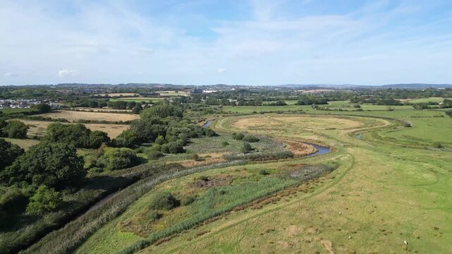 Topsham, nr .Exeter, East Devon, England: DRONE VIEWS: The drone flies over farm animals towards the banks of the River Clyst. East Devon is a popular UK holiday destination and farming area (1 of 5).