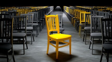 Naklejka premium Bright Yellow Chair Standing Out Among Rows of Gray Chairs in a Dimly Lit Space