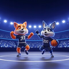Energetic cartoon fox and wolf mascots in team uniforms playing basketball and celebrating on a professional stadium court