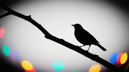Bird silhouettes perched on tree branches with colorful light spots floating