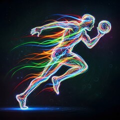 Vibrant Neon Silhouette of an Athlete in Motion, Capturing the Energy and Speed of a Runner Holding a Ball