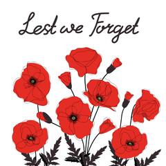 Illustration of Remembrance Day Anzac Day. Red poppy flowers, international symbol of peace, 