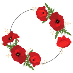 Red Poppy flower circle frame with space for text. The template for seasonal discount, banner, poster