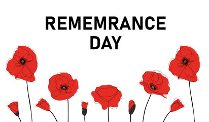 Remembrance Day banner. Horizontal Vector Illustration with hand drawn red poppy flowers, international symbol of peace, 