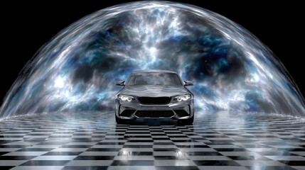 Futuristic 3D Hologram Car Spinning Inside A Luminous Bubble Over A Reflective Checkered Floor