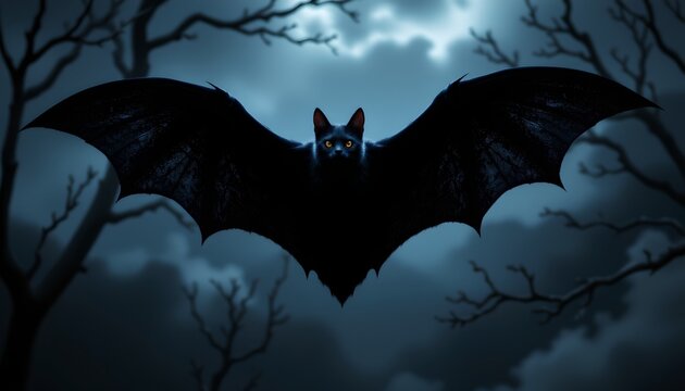 A haunting Halloween themed scene with a prominent bat silhouette flying against a backdrop of dark trees and a moonlit sky.