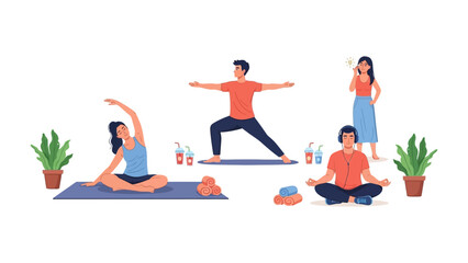 Diverse group of people practicing yoga and meditation in a bright clean space with plants and water bottles promoting wellness and healthy lifestyle