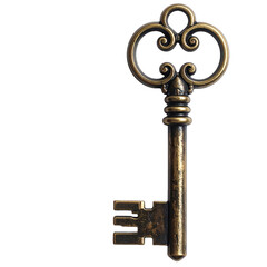 Vintage Bronze Key on Transparent Background with Ornate Details and Metallic Texture