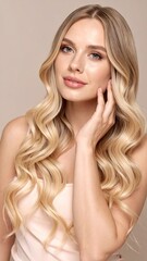 Naklejka premium Stunning Blonde Woman with Long Wavy Hair, Beauty Portrait