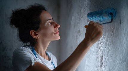 Young Woman Painting Wall with Blue Roller Brush Indoor in Focus