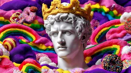 Cartoon Style Marble Bust with Golden Crown Surrounded by Vibrant Candy Colored Swirls and Playful Elements