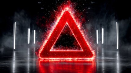 Glowing Red Emergency Triangle Sign Illuminated with Sparks and Smoke in Dark Space