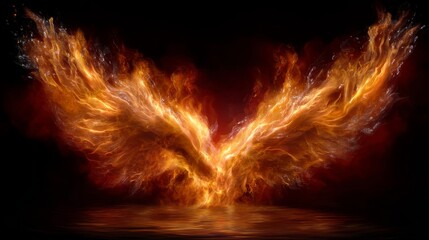 Fiery Phoenix Wings Erupting from Dark Waters Symbolizing Rebirth and Transformation in Vibrant Orange and Gold Palette